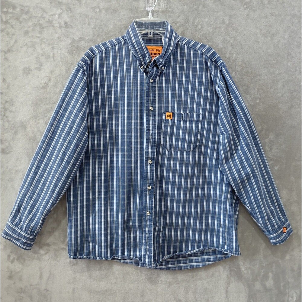 Wrangler FR Riggs Plaid Work Shirt Men's Large Tall Blue Chest Pocket HRC2/2112
